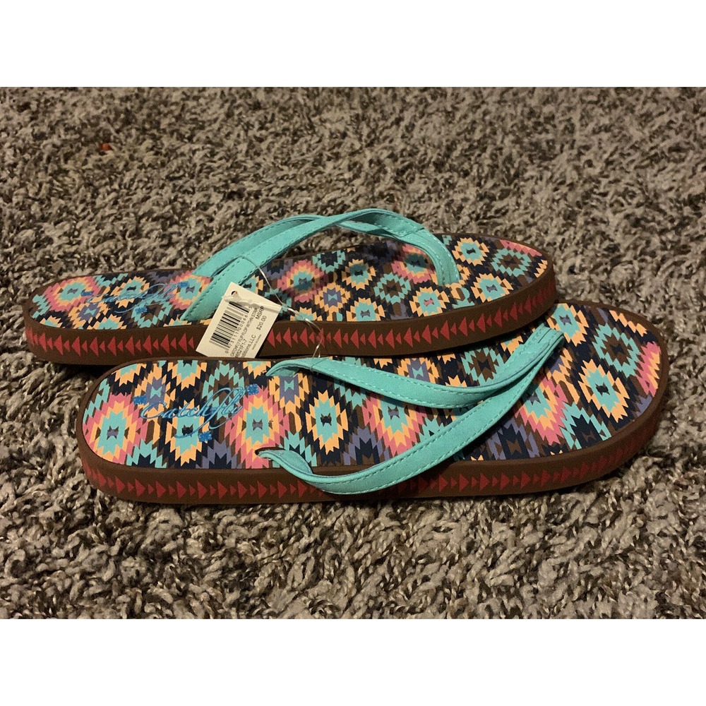 Catchfly western aztec teal and brown flip flops size 7 - Picture 2 of 3